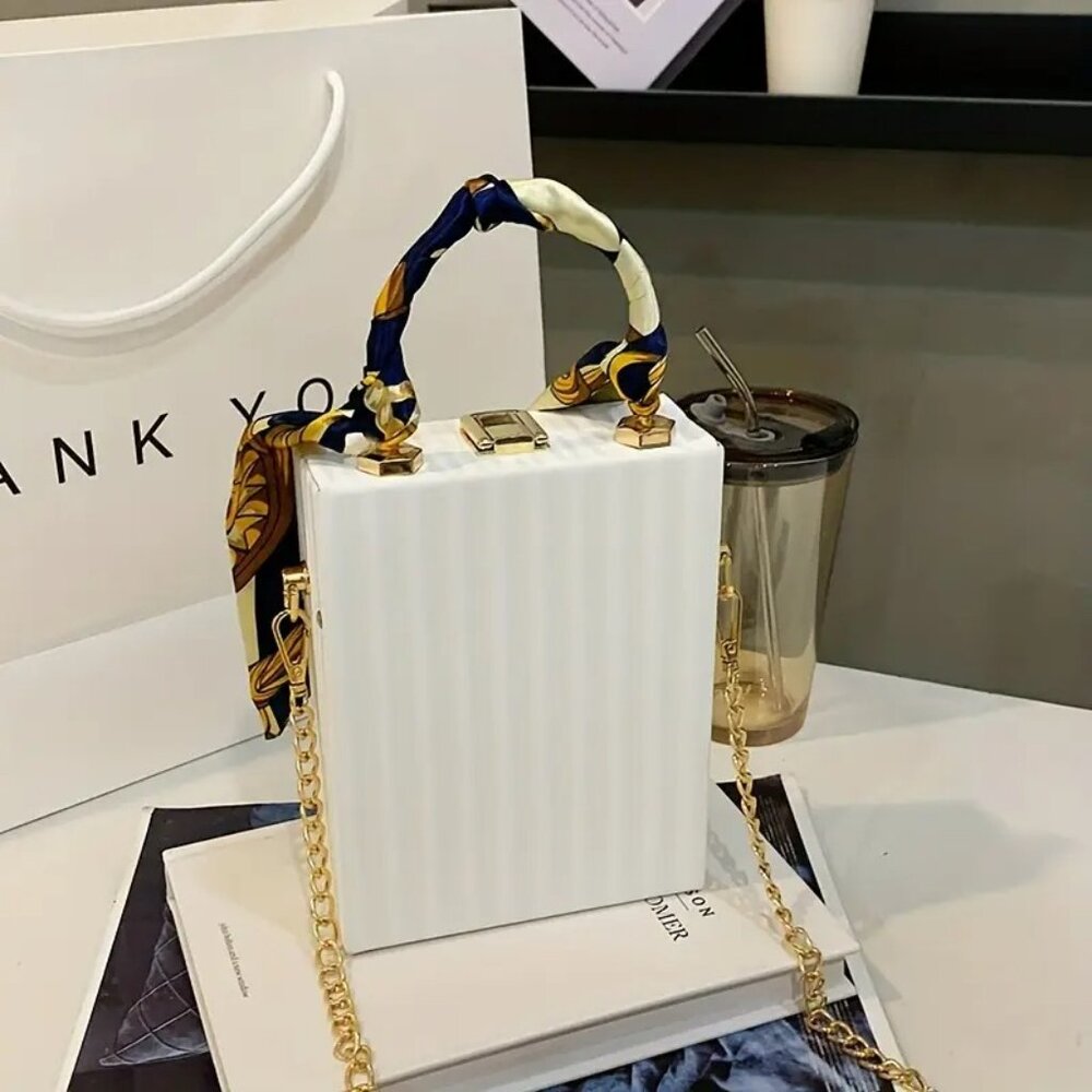 Fashion Lady Face Trendy Box Handbag for Women w/Pearl Earrings, Scarf Handle - Picture 12 of 16